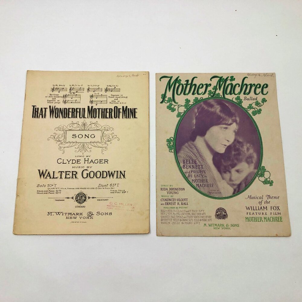 Set of 2 Music Sheets That Wonderful Mother of Mine & Mother Machree Ballard
